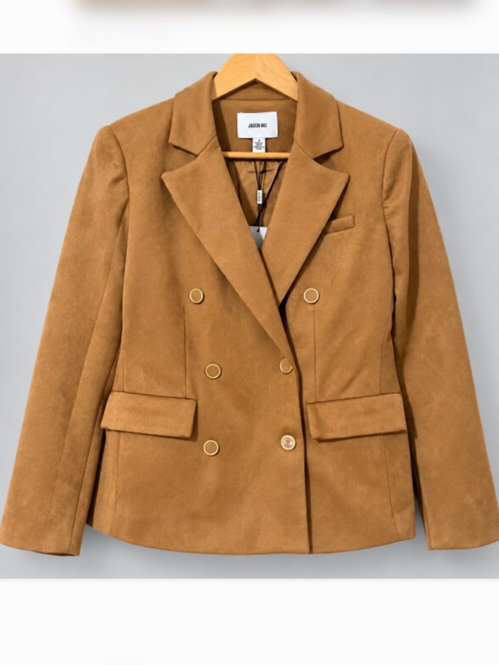 NWT Jason Wu Camel Faux Suede Double Breasted Blazer Gold Buttons Size 6